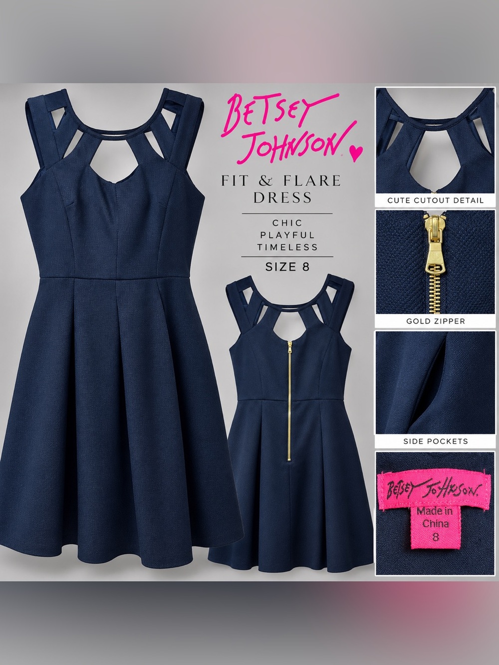 Betsey Johnson Navy Cutout Fit & Flare Skater Dress Gold Zip Size 8